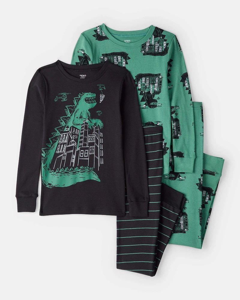 Boys Godzilla 100% Cotton  Loose Fit 4-Piece Pajamas - Black/Green