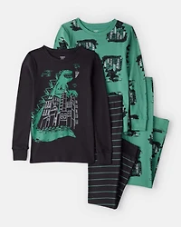Boys Godzilla 100% Cotton  Loose Fit 4-Piece Pajamas - Black/Green