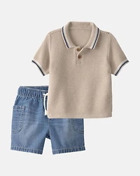 Baby Boy 2-Piece Polo Shirt & Denim Short Set - Brown/Blue