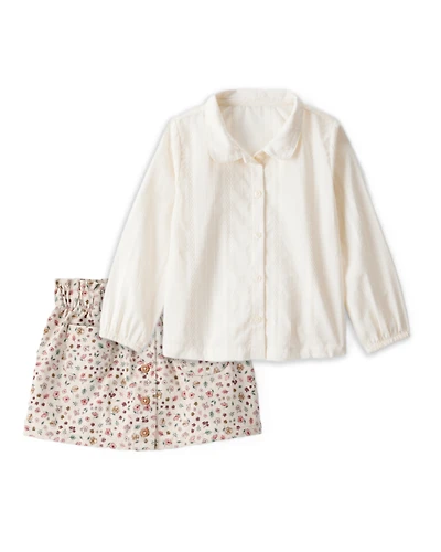 Toddler Girl 2-Piece Long-Sleeve Button-Down Top & Floral Print Cotton Skirt Set - Multi
