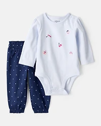 Baby Girl 2-Piece Fruit Print Cotton Long-Sleeve Bodysuit & Pant Set - Blue