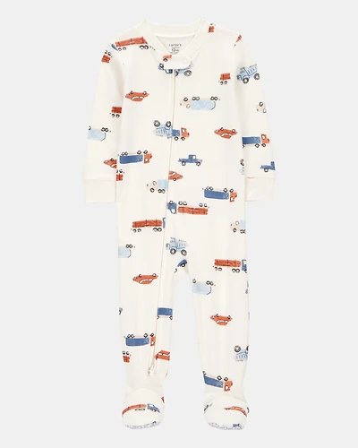 Toddler Boy 1-Piece Car Print 100% Snug Fit Cotton Footie Pajamas - Ivory