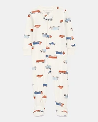 Toddler Boy 1-Piece Car Print 100% Snug Fit Cotton Footie Pajamas - Ivory