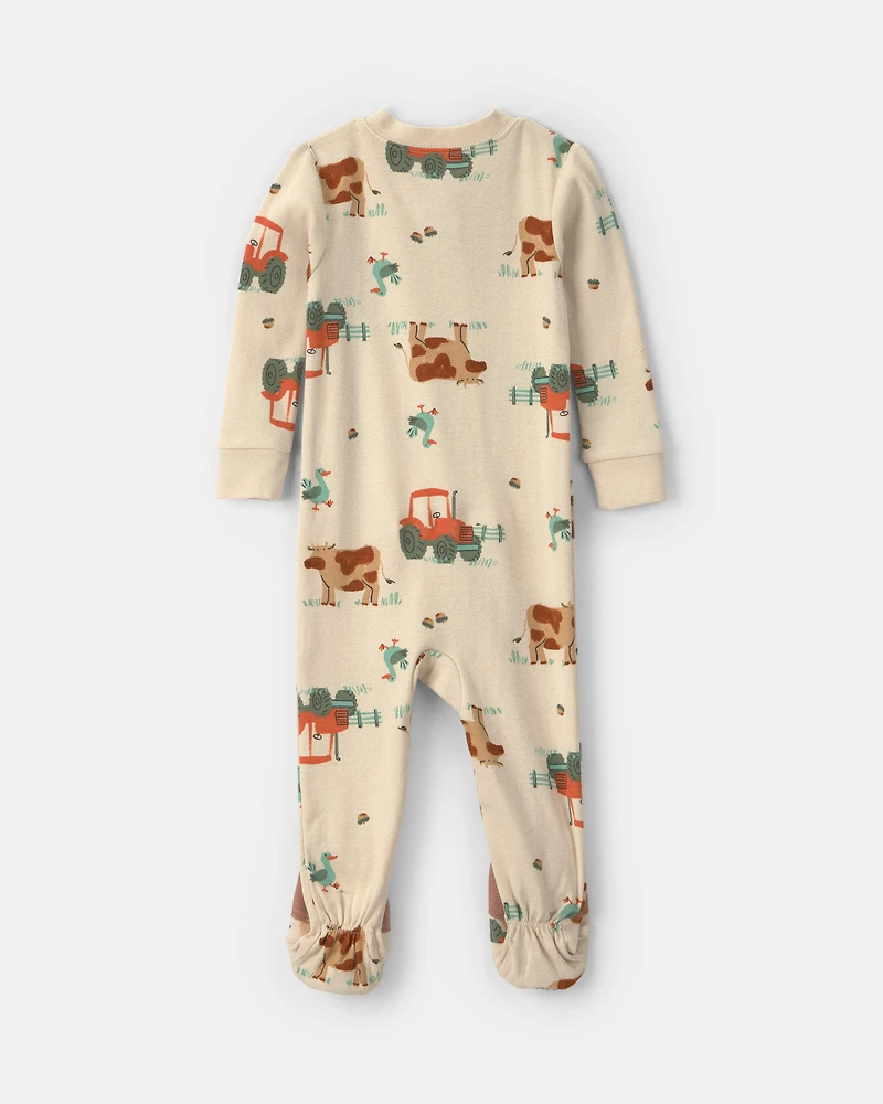 Toddler Boy 1-Piece Farm 100% Cotton Snug Fit Footed Pajama - Beige