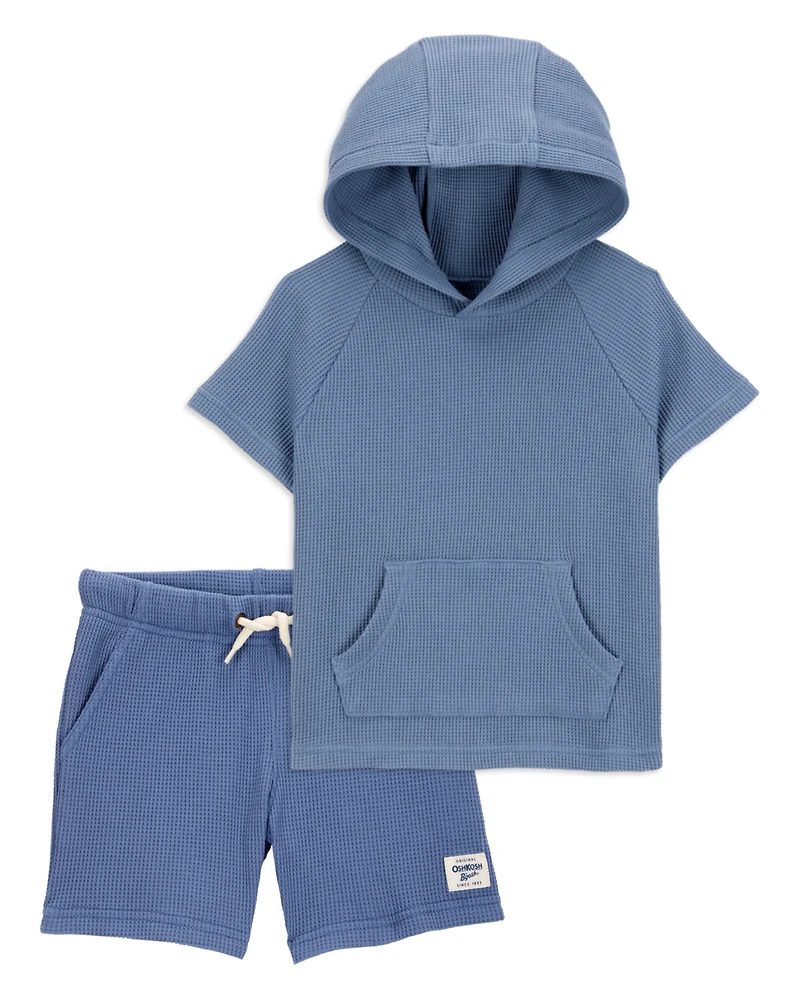 Toddler 2-Piece Waffle Knit Hooded Pullover & Drawsting Shorts Set - Blue