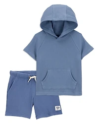 Toddler 2-Piece Waffle Knit Hooded Pullover & Drawsting Shorts Set - Blue