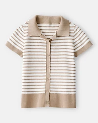Girls Striped Button-Down Short-Sleeve Tee - Tan