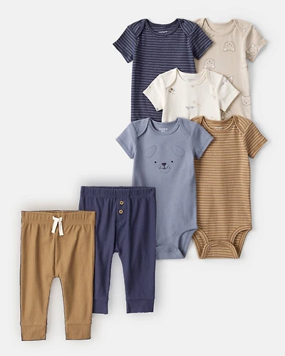 Baby Boy 7-Piece Short-Sleeve Bodysuits & Pants Set - Blue/Brown
