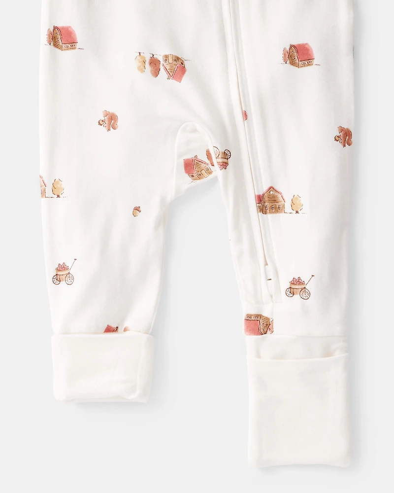 Baby Barn Print PurelySoft Long-Sleeve 2-Way Zip Sleep & Play Pajamas - White