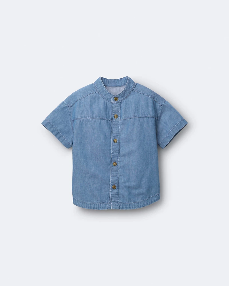 Toddler Boy Mandarin Collar Button-Down Shirt in Chambray