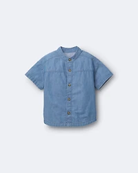Toddler Boy Mandarin Collar Button-Down Shirt in Chambray