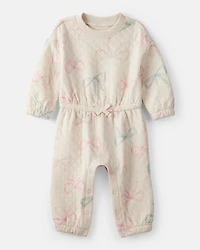 Baby Girl Bow Print Long-Sleeve Jumpsuit - Ivory