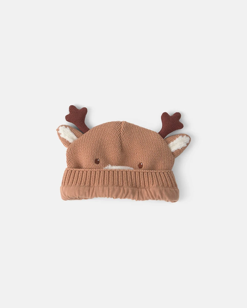 Baby Reindeer Christmas Knit Hat - Brown