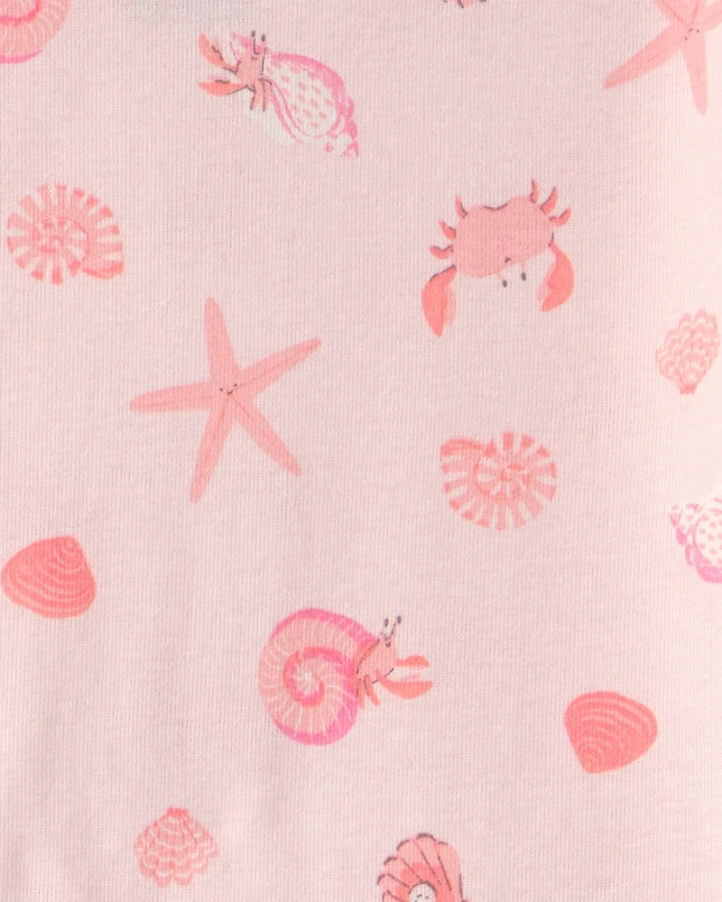 Girls Seashells 100% Cotton Short-Sleeve Snug Fit 4-Piece Pajama Set - Pink/Orange