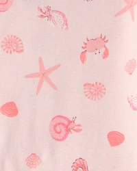 Girls Seashells 100% Cotton Short-Sleeve Snug Fit 4-Piece Pajama Set - Pink/Orange