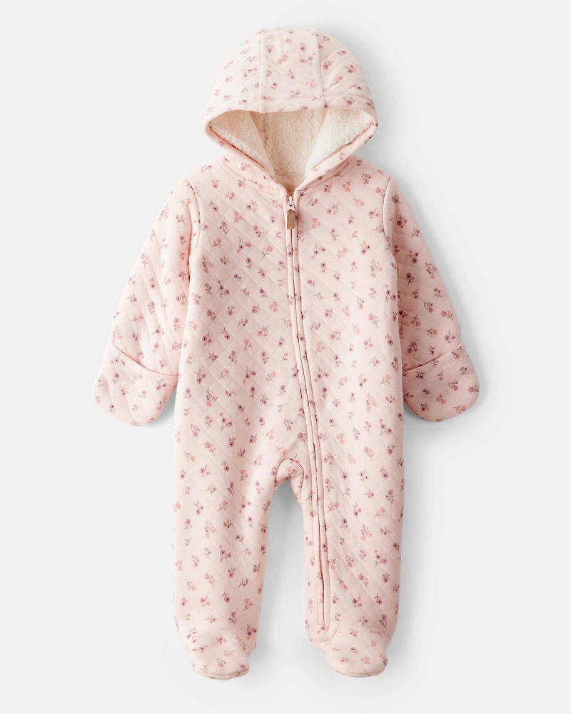 Baby Girl Floral Sherpa-Lined Long-Sleeve Hooded Jumpsuit - Pink