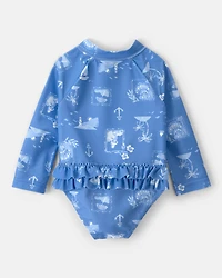 Baby Girl Sailboat Long-Sleeve 1-Piece Rashguard Swimsuit - Blue