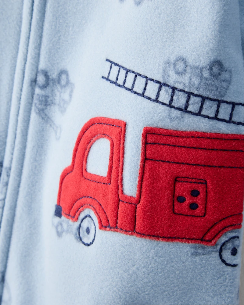 Baby Boy Firetruck Print Loose Fit Long-Sleeve 2-Way Zip 1-Piece Pajamas - Blue