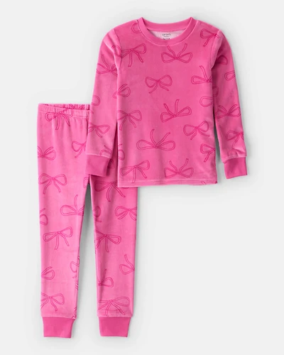 Toddler Girl Bow Print DreamPlush Long-Sleeve Snug Fit 2-Piece Pajamas - Pink