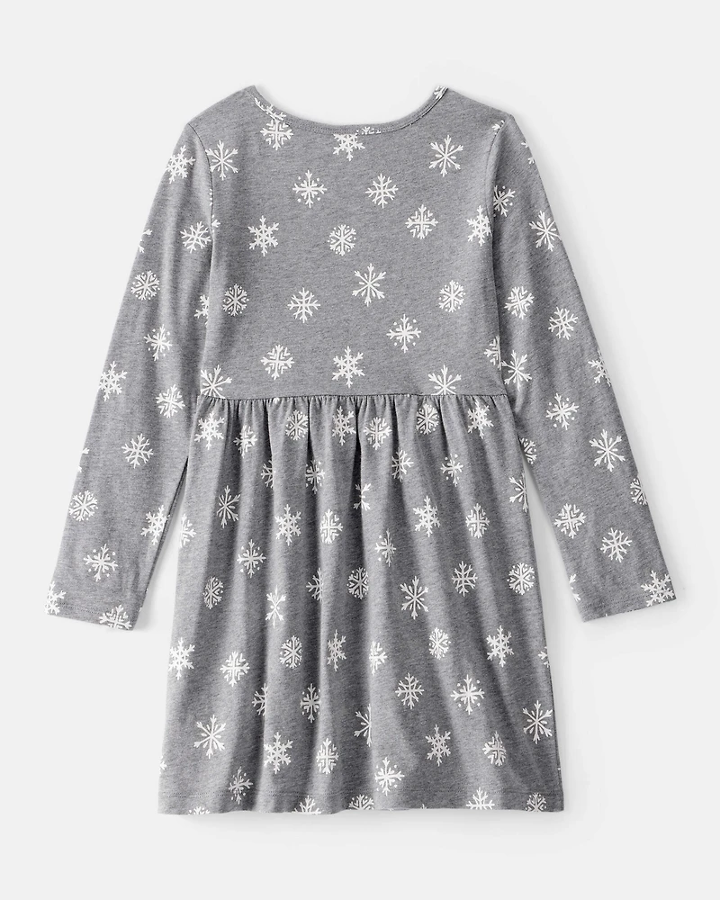 Girls Snowflake Print Cotton Long-Sleeve Dress - Grey