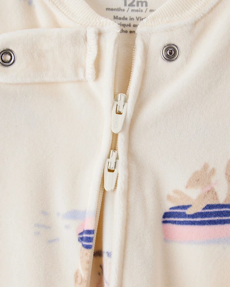 Baby Girl Snow Animals DreamPlush Snug Fit Long-Sleeve 2-Way Zip 1-Piece Pajamas - Ivory