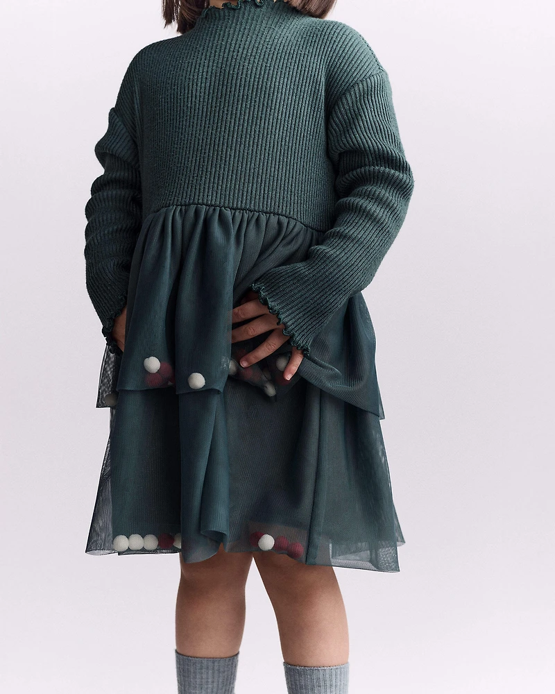 Toddler Girl Tree Pom Pom Long-Sleeve Tutu Dress - Green