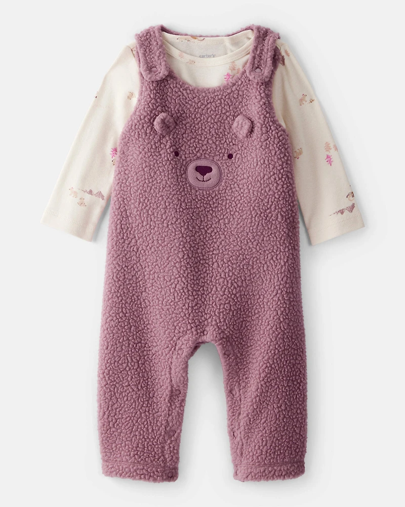 Baby Girl 2-Piece Bear Sherpa Long-Sleeve Snug Fit Overall Set - Purple