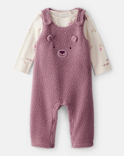 Baby Girl 2-Piece Bear Sherpa Long-Sleeve Snug Fit Overall Set - Purple