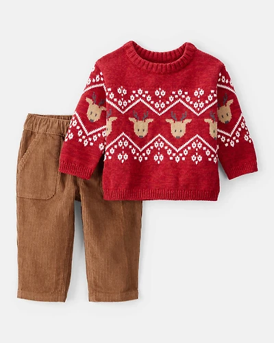 Baby Boy 2-Piece Fair Isle Long-Sleeve Tee & Pant Set - Red/Brown