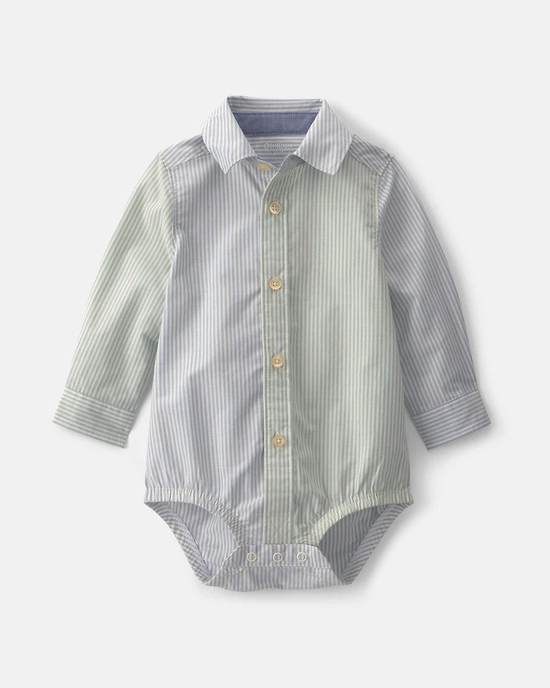 Baby Boy Poplin Long-Sleeve Button-Down Bodysuit - Blue/Green