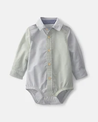 Baby Boy Poplin Long-Sleeve Button-Down Bodysuit - Blue/Green