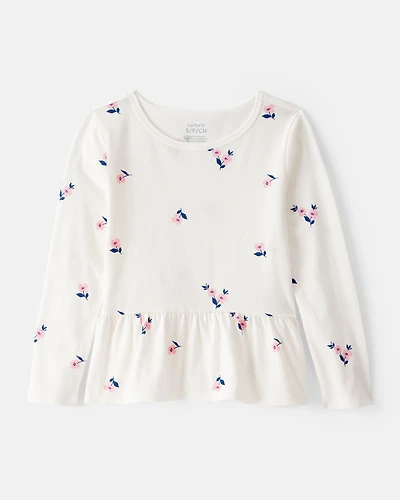 Girls Floral Long-Sleeve Peplum Top - Ivory