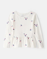 Girls Floral Long-Sleeve Peplum Top - Ivory