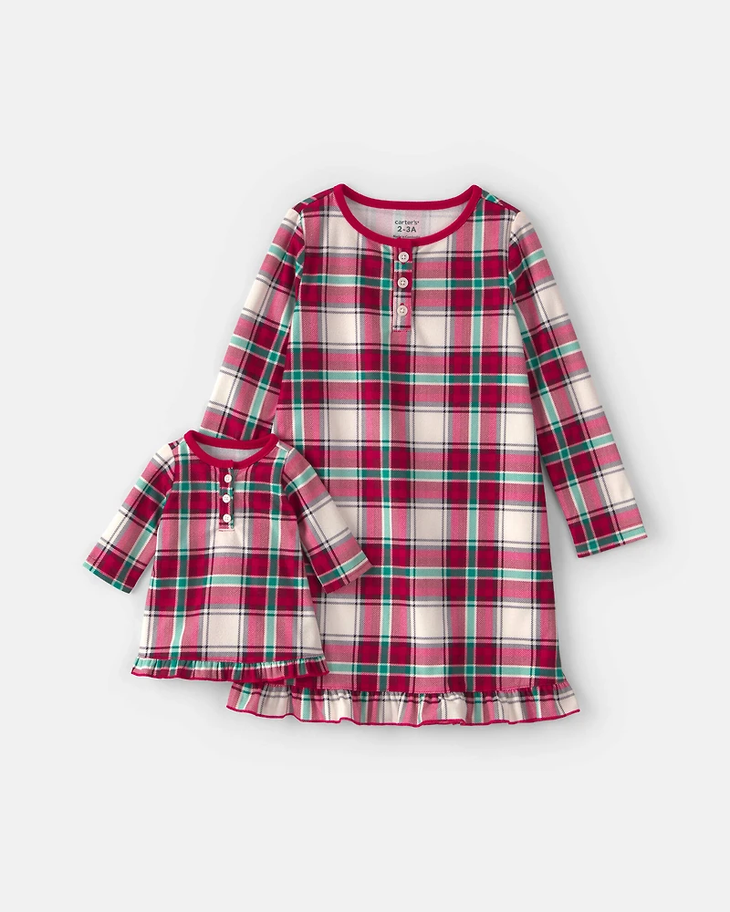 Girls 2-Pack Christmas Plaid Fleece Loose Fit Night Gown & Doll Gown - Red/Green