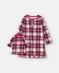 Girls 2-Pack Christmas Plaid Fleece Loose Fit Night Gown & Doll Gown - Red/Green