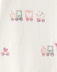 Baby Girl Train Print 100% Cotton Long-Sleeve Snug Fit Sleep & Play Pajamas - Cream