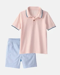 Boys 2-Piece Polo Shirt & Short Set - Coral/Blue