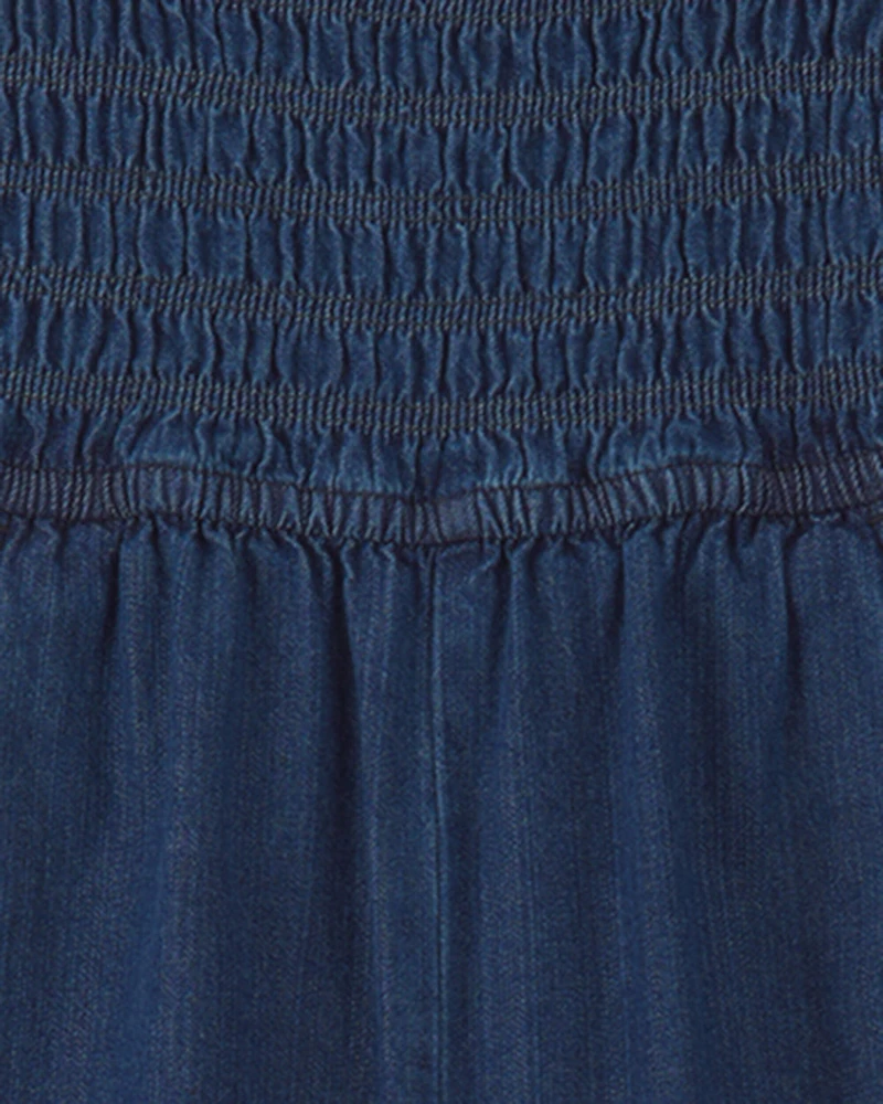 Girls Smocked Denim Wide-Leg Jumpsuit - Dark Wash
