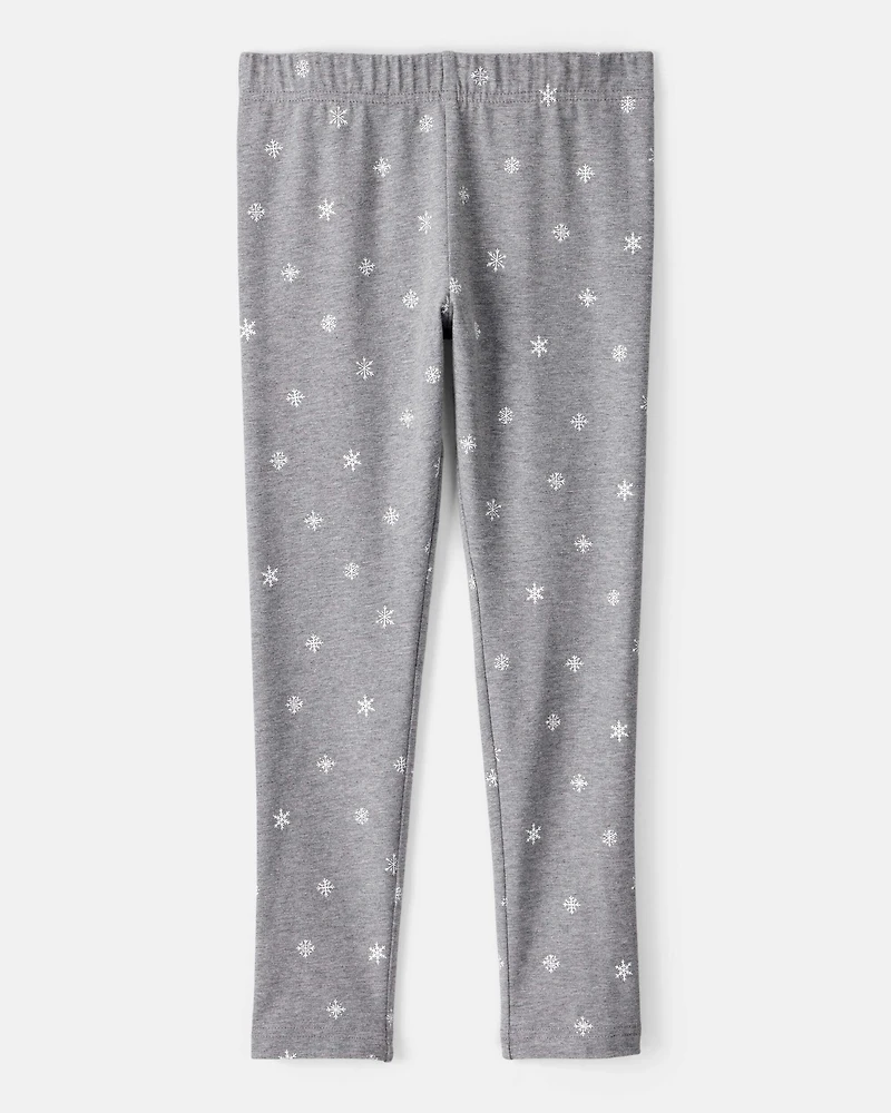 Girls Snowflake Print Cotton Pull-On Stretch Leggings - Grey