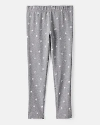Girls Snowflake Print Cotton Pull-On Stretch Leggings - Grey