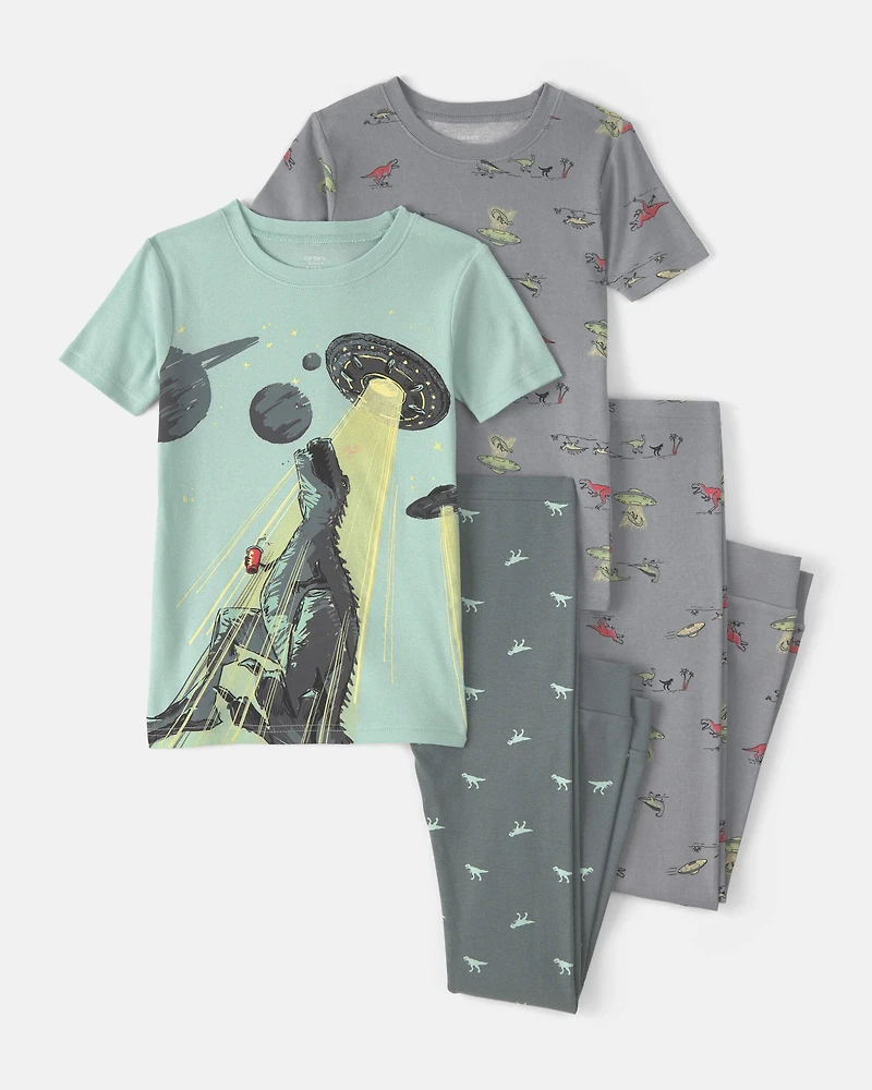 Boys Dinosaur 100% Cotton Snug Fit 4-Piece Pajama Set - Green/Grey
