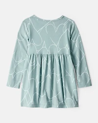 Toddler Girl Heart Print Long Sleeve Cotton Dress - Green