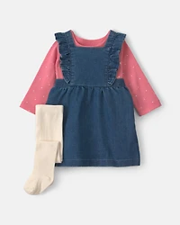 Baby Girl 3-Piece Polka Dot Chambray Long-Sleeve Dress Set - Pink/Indigo