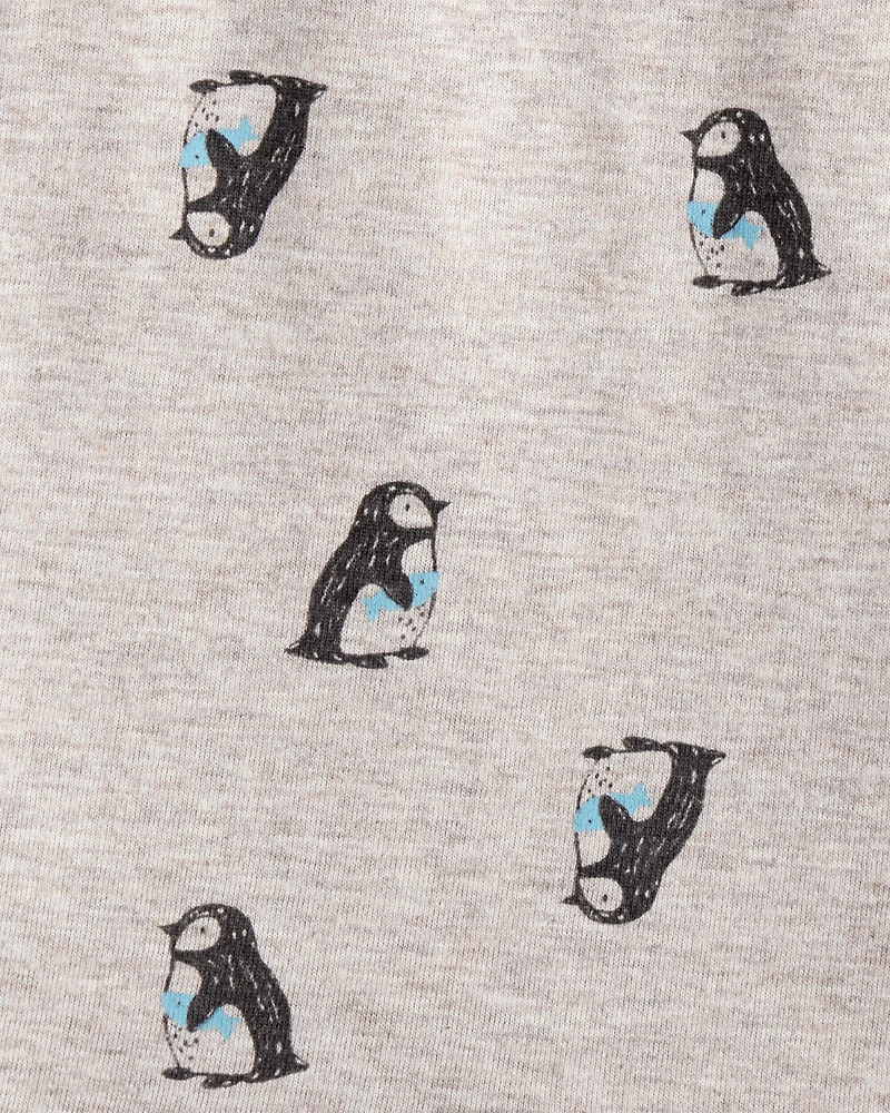 Baby Penguin Print Long-Sleeve Graphic Bodysuit - Grey