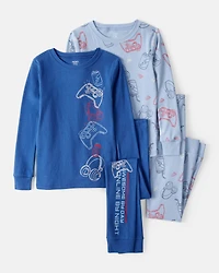 Boys Gaming Print 100% Cotton Long-Sleeve 4-Piece Pajamas - Blue