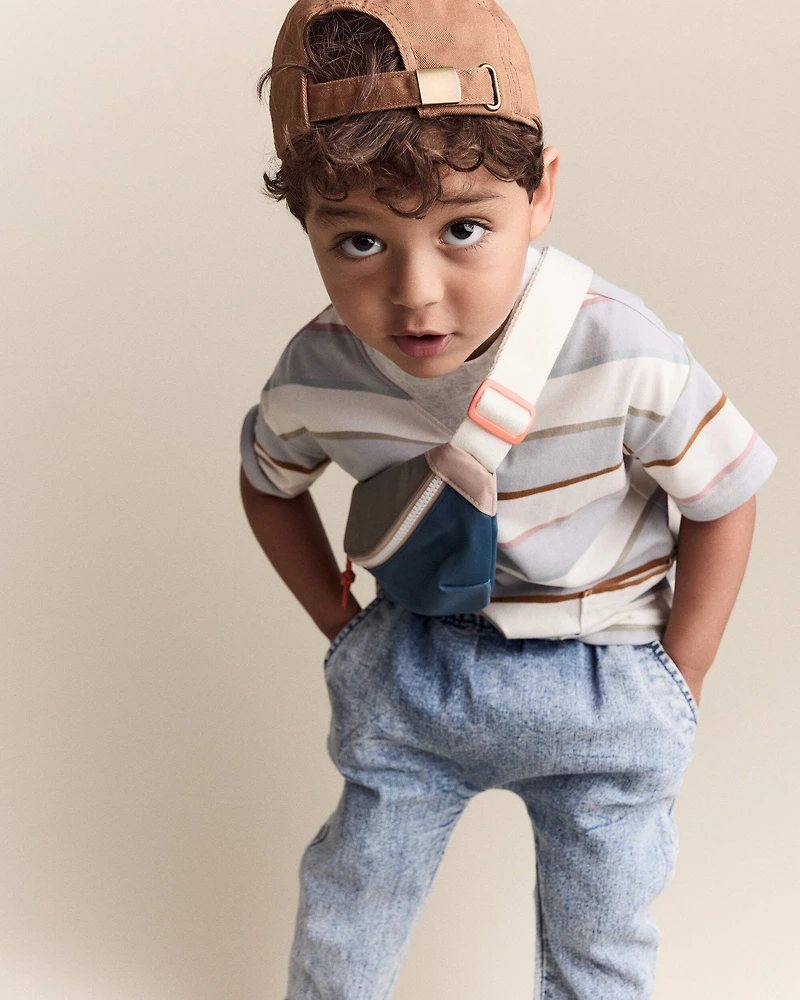 Toddler Boy Striped Short-Sleeve Otter Pocket Tee - Cream/Light Blue