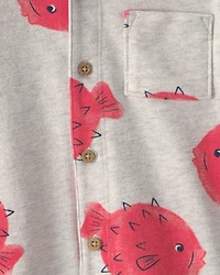 Toddler Boy Pufferfish Short-Sleeve Button-Down Shirt - Grey/Red
