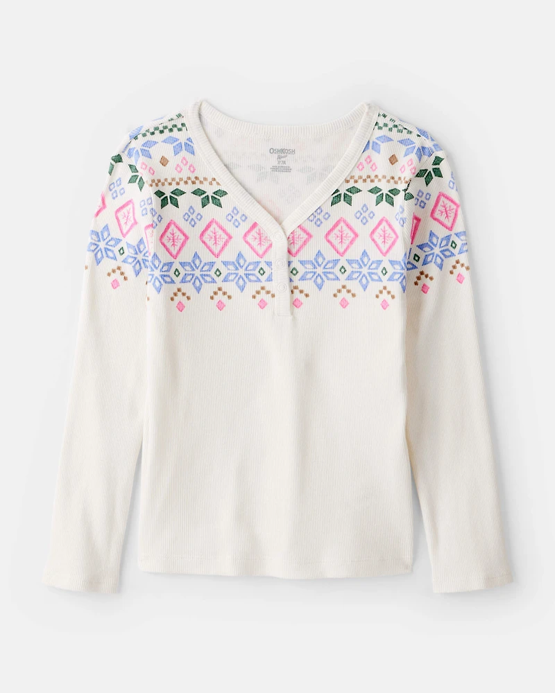 Girls Fair Isle Thermal Henley Top - Ivory