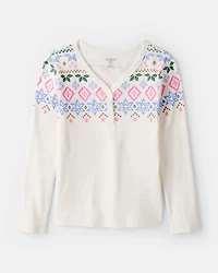 Girls Fair Isle Thermal Henley Top - Ivory