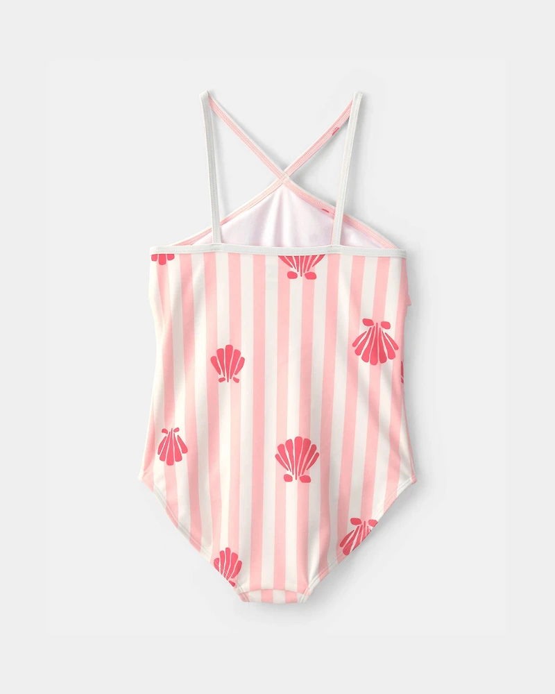 Girls 1-Piece Shell Striped Swimsuit - Pink